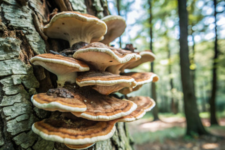 Trametes versicolor growing on a tree in the forestの素材