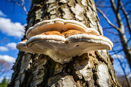 Trametes versicolor growing on a tree in the forestの素材