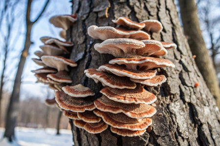 mushrooms growing on a tree in the forest in winter.の素材