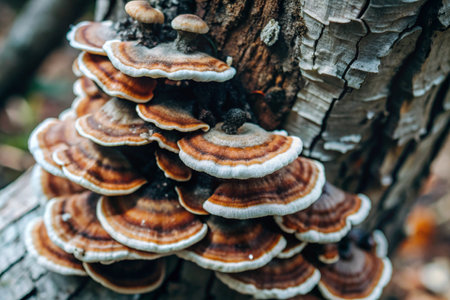Trametes versicolor (Lingzhi mushroom) growing on a tree in the forest.の素材