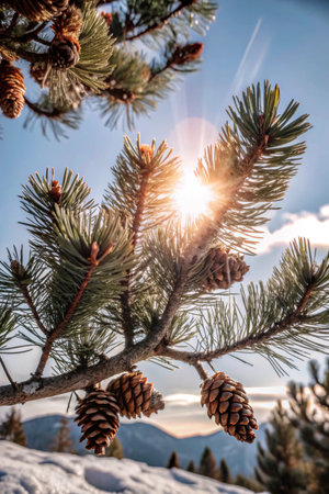 Pine branches with cones on the background of mountains and blue skyの素材
