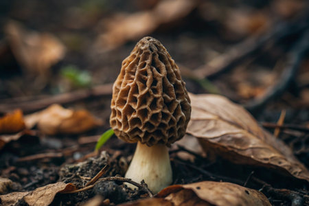 Morel mushroom (Morchella esculenta) growing in the forest.の素材