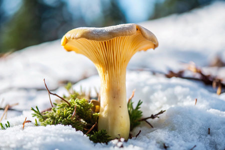 Mushroom Chanterelle in the snow in the forestの素材