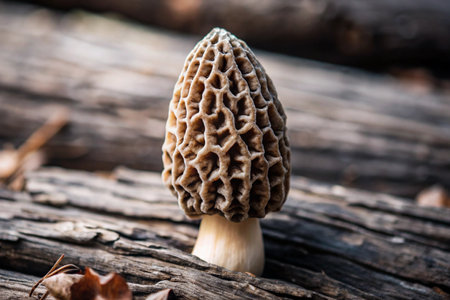 Morel mushroom on an old stump in the forest. Shallow depth of fieldの素材