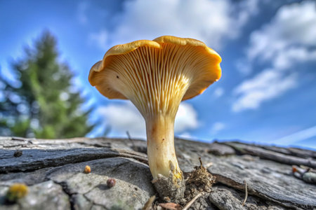 Chanterelle mushroom on a tree stump against the skyの素材
