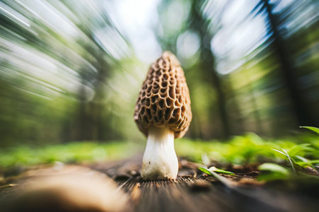Morel mushrooms growing in the forest. Shallow depth of field.の素材