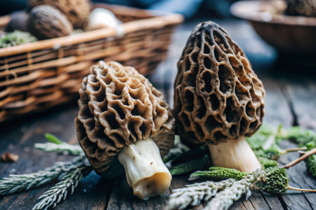 Fresh morel mushrooms on wooden background. Autumn harvest of morel mushrooms.の素材
