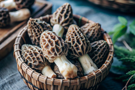 Fresh morel mushrooms in a wicker basket on a wooden background.の素材
