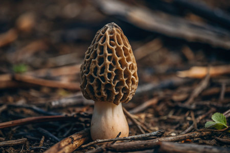 Morel mushroom. Common morel or morel mushroom growing in the forest.の素材