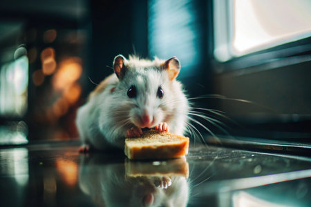 Hamster eating bread on the table in the kitchen at home.の素材
