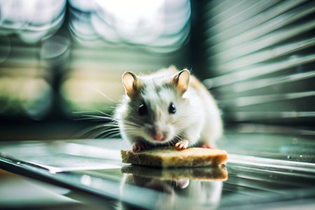 Hamster eating bread on the table in the kitchen. Selective focus.の素材