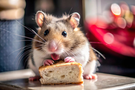 Hamster eating a piece of bread. Hamster eating bread.の素材