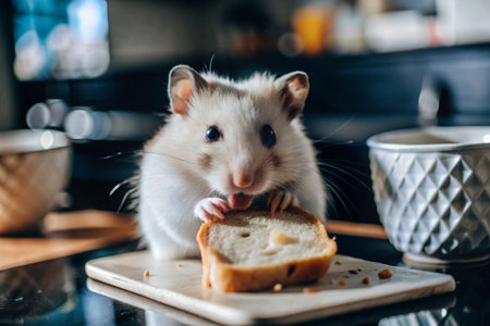 Cute hamster eating a slice of bread in the kitchen.の素材