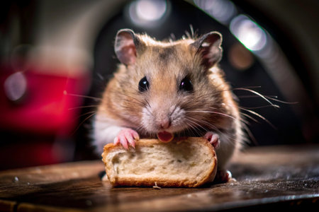 Hamster eating a piece of bread on a wooden table in the kitchenの素材