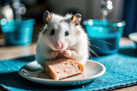 Hamster eating bread in a plate on a blue napkin.の素材