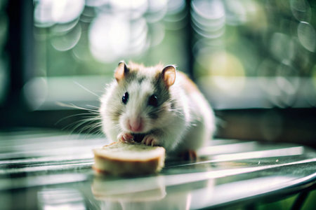 Hamster eating bread on a table in a cafe. Selective focus.の素材
