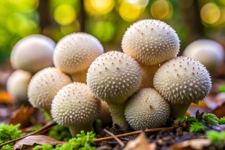 Group of puffball mushroom (Lycoperdon perlatum) growing in the forestの素材