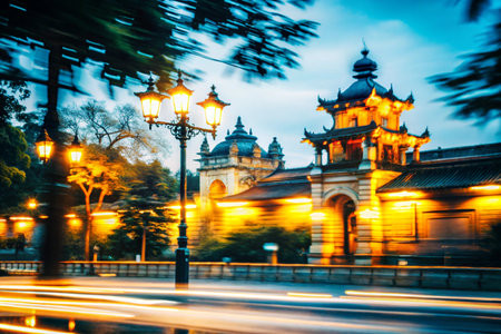 Night street lights in Beijing, China. Long exposure shot with motion blur.の素材