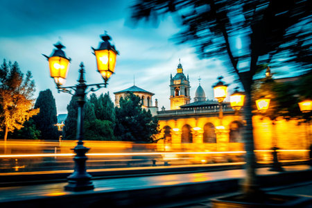 Night view of Plaza de Espana in Seville, Spain.の素材
