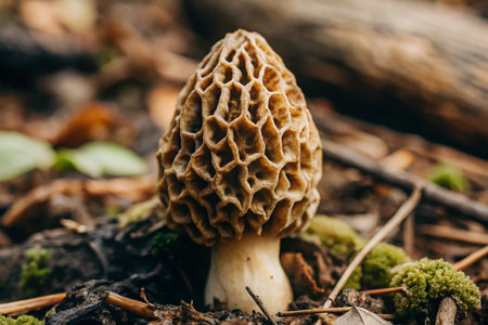 Morel mushroom in the forest. Common morel (Morchella esculenta).の素材