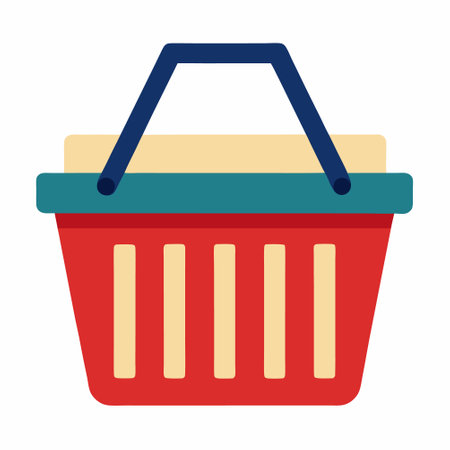 Grocery shopping cart on white. Full supermarket food basket vector illustration, shop cart with groceries goods isolated clipartのイラスト素材