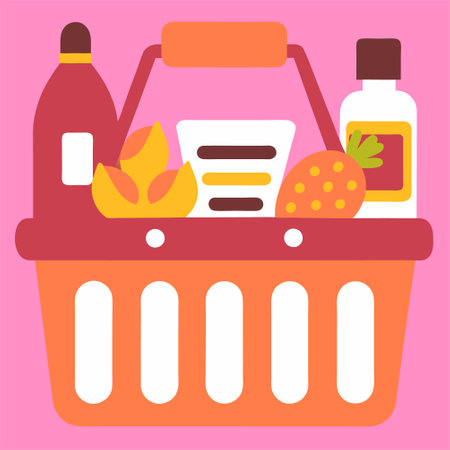 Grocery shopping cart on white. Full supermarket food basket vector illustration, shop cart with groceries goods isolated clipartのイラスト素材