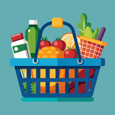 Grocery shopping cart on white. Full supermarket food basket vector illustration, shop cart with groceries goods isolated clipartのイラスト素材