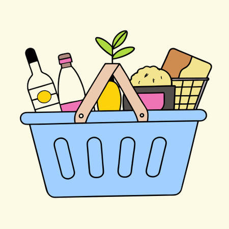 Grocery shopping cart on white. Full supermarket food basket vector illustration, shop cart with groceries goods isolated clipartのイラスト素材
