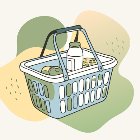 Grocery shopping cart on white. Full supermarket food basket vector illustration, shop cart with groceries goods isolated clipartのイラスト素材