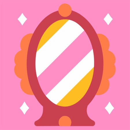Hand mirror with long shadow in flat style vector illustration. Simple makeup hand mirror for women clipart cartoon style, hand drawn doodle style. Mirror with handle cute vector illustration flat design styleのイラスト素材