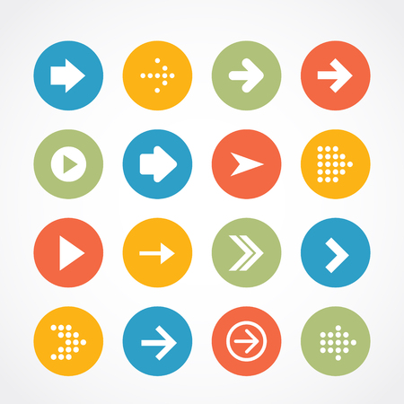 Arrow sign icon set. Simple circle shape internet button on gray background. Contemporary modern style.のイラスト素材