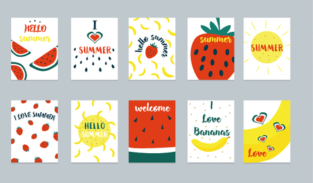 Vector set of bright summer cards. Beautiful summer posters with pineapple, watermelon, lemon, palm leaves and hand written text.のイラスト素材