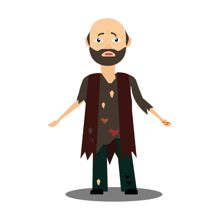 Homeless. Shaggy man in dirty rags and with a bag in his hand. Vector illustration.のイラスト素材