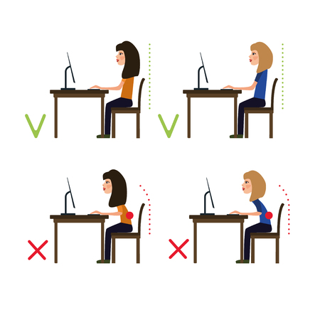 correct posture while working at the computer. Vector illustrationのイラスト素材