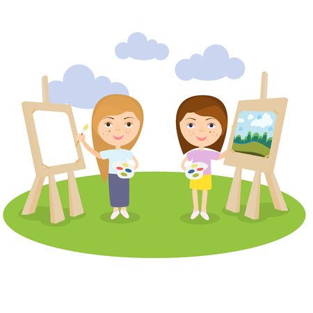 artist female or girl painting on canvas with art icons. character design.のイラスト素材