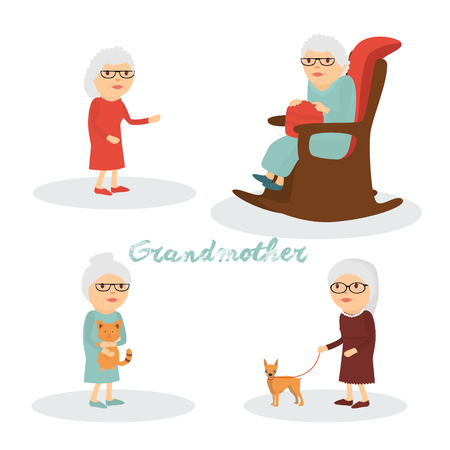 A set of characters grandmother with a cat, a dog .のイラスト素材