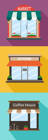 The facade of the building set. Market , Store , Coffee House. Vectorのイラスト素材