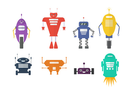 Retro robot set in flat style, vintage cute robots. Toy robots vectorのイラスト素材