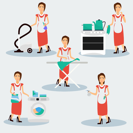 Multitasking housewife Vector illustration. Housekeeper woman ironing, cleaning, cooking and washing.のイラスト素材