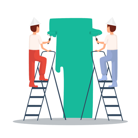 Painting, painter. Craftsman painting. Builder, Repairs, painter in yellow helmet working with tools. Flat design vector illustration.のイラスト素材