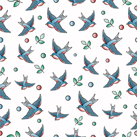 Old school tattoo vector seamless pattern with swallows.Vectorのイラスト素材