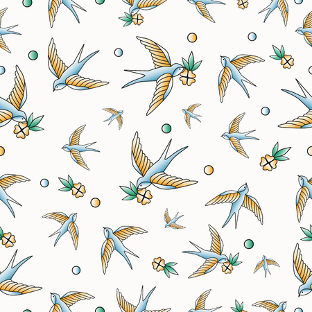 Old school tattoo vector seamless pattern with swallows.Vectorのイラスト素材