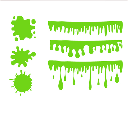 Green slime vector set on checkered transparent background. Paint drop abstract illustrationのイラスト素材