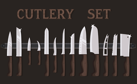 Set flat icons of kitchen knives with signature names. Vector isolated on white background.のイラスト素材