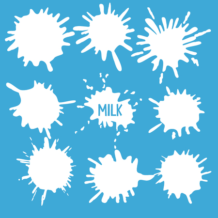 Milk clean badges vector set. White Splash and blot design isolate on blue backgroundのイラスト素材