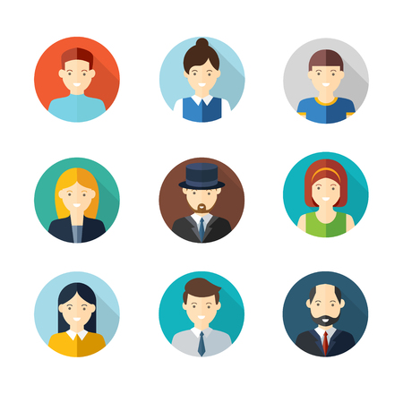 People user pics icons in flat style. Different male and female avatars. Men and women faces collection set. Vector illustration.のイラスト素材