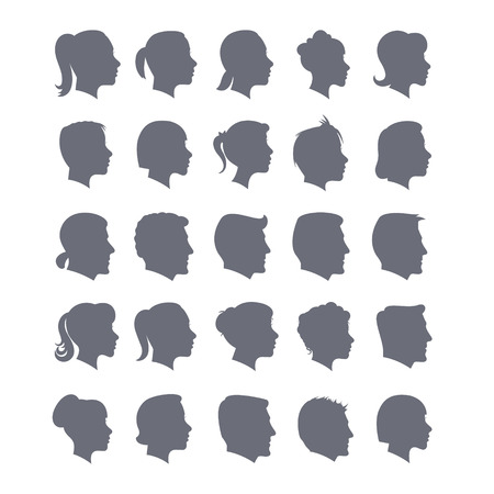 Vector Set of Female and Male Adult and Child Cameo Silhouettesのイラスト素材