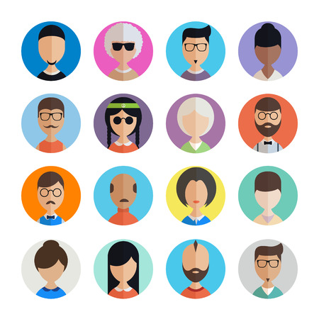 People user pics icons in flat style. Different male and female avatars. Men women faces collection set. Vector illustration.のイラスト素材