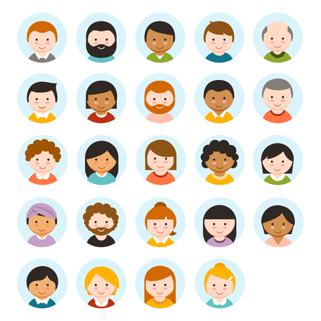 People user pics icons in flat style. Different male and female avatars. Men women faces collection set. Vector illustration.のイラスト素材