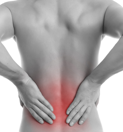 Man touching spine Pain concept Isolated on white